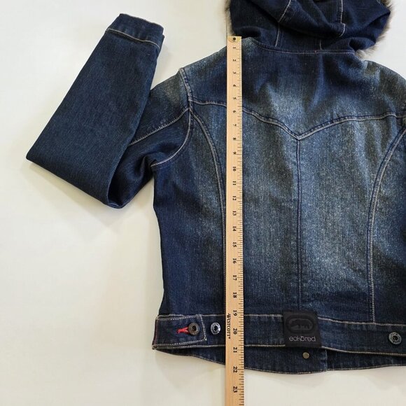 Vtg Ecko Red Jacket Women 14 Denim Faux Fur Hood No Pockets Lined Y2K Runs Small - Picture 6 of 16